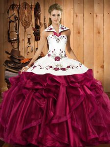 Fuchsia Lace Up Halter Top Embroidery and Ruffles Vestidos de Quinceanera Satin and Organza Sleeveless