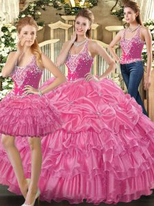 Super Tulle Straps Sleeveless Lace Up Beading and Ruffles and Pick Ups Quinceanera Dresses in Hot Pink