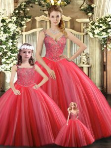 Coral Red Lace Up Straps Beading Quinceanera Dresses Tulle Sleeveless