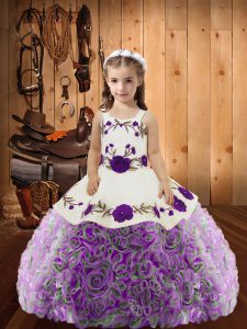 Fabric With Rolling Flowers Straps Sleeveless Lace Up Embroidery and Ruffles Child Pageant Dress in Multi-color