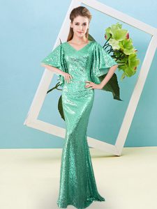 Turquoise Half Sleeves Floor Length Sequins Zipper Prom Evening Gown