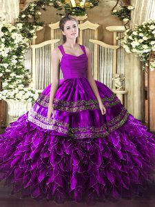 Fuchsia Ball Gowns Straps Sleeveless Organza Floor Length Zipper Beading and Lace and Ruffles Ball Gown Prom Dress