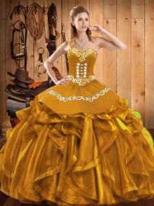 Free and Easy Gold Quinceanera Gowns Military Ball and Sweet 16 and Quinceanera with Embroidery and Ruffles Sweetheart Sleeveless Lace Up