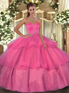 Ball Gowns Sweet 16 Dresses Hot Pink Sweetheart Organza Sleeveless Floor Length Lace Up