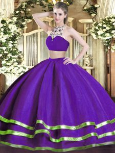 Fancy Purple Tulle Backless High-neck Sleeveless Floor Length Quinceanera Gown Beading