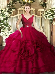 Red Ball Gown Prom Dress Military Ball and Sweet 16 and Quinceanera with Beading and Ruffles V-neck Sleeveless Backless