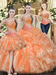 Popular Floor Length Lace Up Sweet 16 Quinceanera Dress Orange Red for Military Ball and Sweet 16 and Quinceanera with Beading and Ruffles