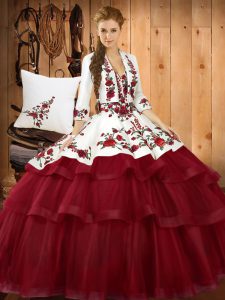 Lace Up 15 Quinceanera Dress Wine Red for Military Ball and Sweet 16 and Quinceanera with Embroidery Sweep Train