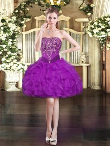 Custom Designed Purple Ball Gowns Beading and Ruffles Lace Up Organza Sleeveless Mini Length