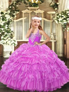 V-neck Sleeveless Pageant Dress Toddler Floor Length Beading and Ruffled Layers and Pick Ups Lilac Organza