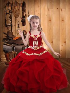 Sleeveless Floor Length Embroidery and Ruffles Lace Up Little Girls Pageant Gowns with Wine Red