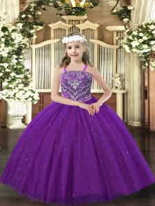 Tulle Sleeveless Floor Length Little Girl Pageant Dress and Beading