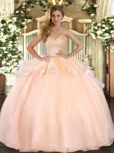 Sleeveless Organza Floor Length Lace Up Sweet 16 Dresses in Peach with Beading and Ruffles