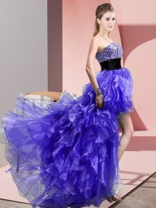 Purple Prom and Party with Beading and Ruffles Sweetheart Sleeveless Lace Up