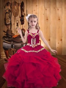 Stylish Red Pageant Dresses Party and Sweet 16 and Quinceanera and Wedding Party with Embroidery and Ruffles Straps Sleeveless Lace Up