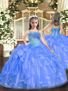 Latest Straps Sleeveless Little Girl Pageant Gowns Floor Length Ruffles and Sequins Blue Organza and Sequined