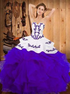 Lovely Sleeveless Floor Length Embroidery and Ruffles Lace Up Quinceanera Gown with White And Purple