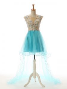 Glamorous Aqua Blue Tulle Backless Scoop Sleeveless High Low Prom Evening Gown Appliques
