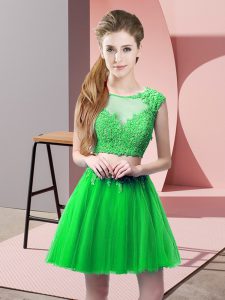 Best Selling Green Two Pieces Scoop Sleeveless Tulle Mini Length Zipper Appliques Prom Dress