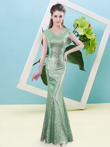 Turquoise Cap Sleeves Sequins Floor Length Prom Evening Gown