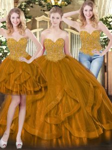 Extravagant Brown Tulle Lace Up Sweetheart Sleeveless Floor Length Quinceanera Gowns Beading and Ruffles