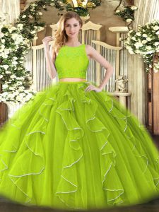 Customized Sleeveless Organza Floor Length Zipper Quince Ball Gowns in Yellow Green with Lace and Ruffles