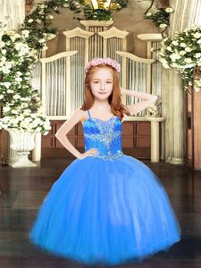 Enchanting Spaghetti Straps Sleeveless Pageant Dress Toddler High Low Beading Blue Tulle