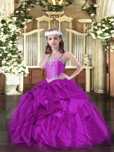 Customized Fuchsia Ball Gowns Straps Sleeveless Organza Floor Length Lace Up Beading and Ruffles Little Girls Pageant Dress Wholesale