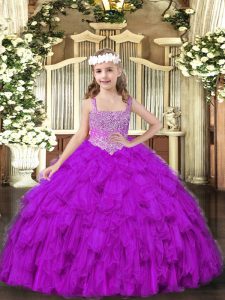 Purple Tulle Lace Up Straps Sleeveless Floor Length Pageant Dress Womens Beading and Ruffles