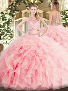 Enchanting Baby Pink Two Pieces Beading and Ruffles 15th Birthday Dress Zipper Tulle Sleeveless Floor Length