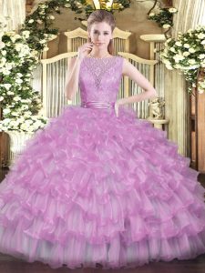 Customized Lilac Sleeveless Beading and Ruffled Layers Floor Length 15 Quinceanera Dress