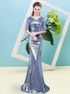 Glamorous Floor Length Blue Prom Evening Gown Scoop Half Sleeves Zipper