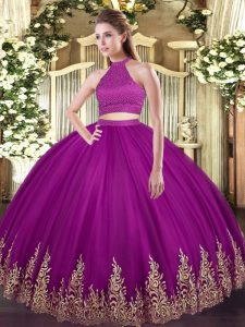 Glorious Halter Top Sleeveless Tulle Quinceanera Dresses Beading and Appliques Backless