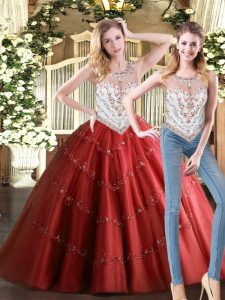 Vintage Wine Red Two Pieces Beading Quinceanera Dresses Zipper Tulle Sleeveless Floor Length