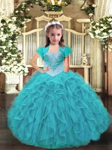 Trendy Aqua Blue Ball Gowns Straps Sleeveless Organza Floor Length Lace Up Ruffles Pageant Dress Toddler