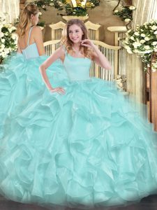 Ball Gowns Ball Gown Prom Dress Aqua Blue Straps Organza Sleeveless Floor Length Zipper
