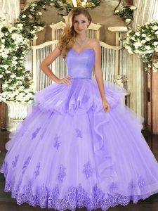 Custom Designed Floor Length Lavender Ball Gown Prom Dress Tulle Sleeveless Beading and Appliques and Ruffles