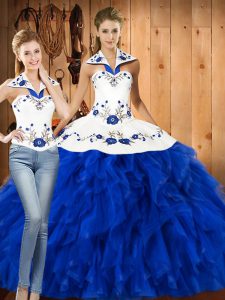 Superior Blue And White Satin and Organza Lace Up Halter Top Sleeveless Floor Length Vestidos de Quinceanera Embroidery and Ruffles