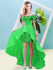 Off The Shoulder Short Sleeves Elastic Woven Satin and Sequined Prom Party Dress Beading Lace Up