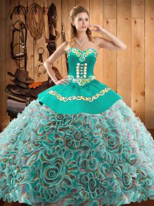 Multi-color Sleeveless Satin and Fabric With Rolling Flowers Brush Train Lace Up Quinceanera Gown for Military Ball and Sweet 16 and Quinceanera