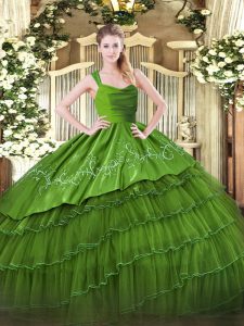 Dynamic Olive Green Organza and Taffeta Zipper Straps Sleeveless Floor Length Sweet 16 Quinceanera Dress Embroidery and Ruffled Layers