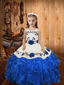 Graceful Blue Sleeveless Embroidery and Ruffles Floor Length Child Pageant Dress