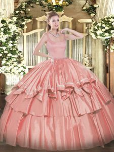 Coral Red Sleeveless Beading and Ruffled Layers Floor Length Quinceanera Dresses