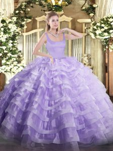 Floor Length Zipper Sweet 16 Dress Lavender for Military Ball and Sweet 16 and Quinceanera with Beading and Ruffled Layers