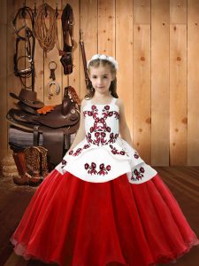 Custom Design Embroidery Little Girl Pageant Dress White And Red Lace Up Sleeveless Floor Length