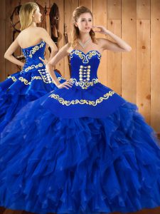 Shining Blue Sweetheart Neckline Embroidery and Ruffles Sweet 16 Dress Sleeveless Lace Up