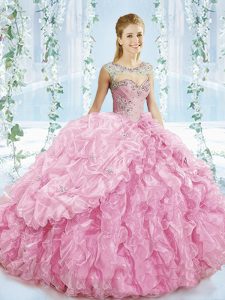 Gorgeous Sweetheart Sleeveless Brush Train Lace Up Quinceanera Dresses Baby Pink Organza