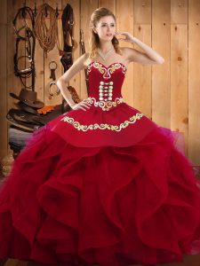 Noble Burgundy Organza Lace Up 15th Birthday Dress Sleeveless Floor Length Embroidery and Ruffles