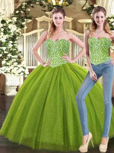 Customized Olive Green Ball Gowns Sweetheart Sleeveless Tulle Floor Length Lace Up Beading Sweet 16 Dresses