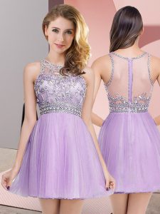 Fitting Lavender Sleeveless Mini Length Beading Zipper Dress for Prom